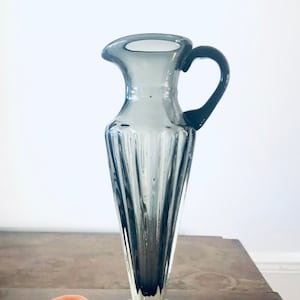 Vintage Grey Glass Jug Vase, Ribbed Footed Glass Pitcher. Classical Roman Shape Jug