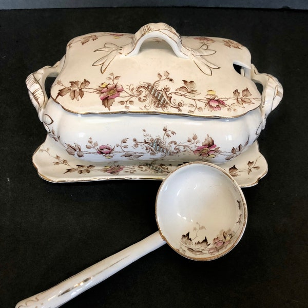 Antique Transferware Lidded Tureen with Ladle, Under Plate, Floral Tureen, 19th C