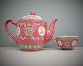 Pink Famille Rose Chinese Teapot, Vintage Jingdezhen Porcelain Teapot and Cup, Symbols Longevity