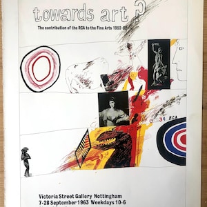 1987 David Hockney poster print. ‘Towards Art? Exhibition Poster for Victoria Street Gallery Nottingham 1963’, Vintage reproduction Poster