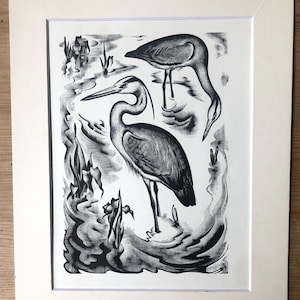 Art Deco AGNES MILLER PARKER - Herons, Wood Engraving 1937,  mounted, Printed by Camelot Press