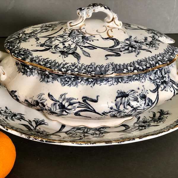 Antique English Lidded Tureen, Under Plate, Transferware Floral Fuchsia Inky Blue Oval Tureen, Aesthetic Movement