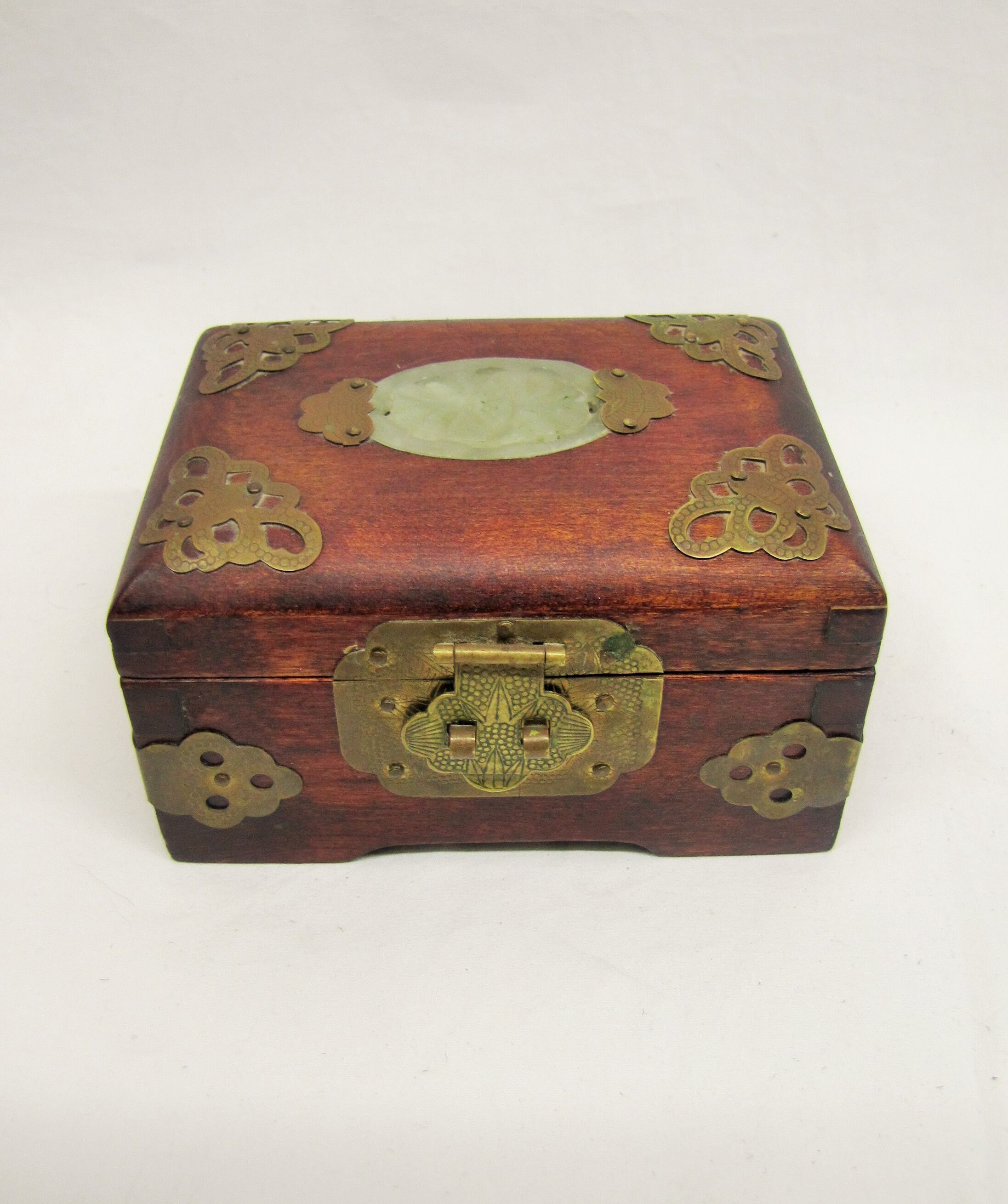 Vintage Chinese Wooden Box Jade Inlay Jewellery Box Wood Brass Etsy
