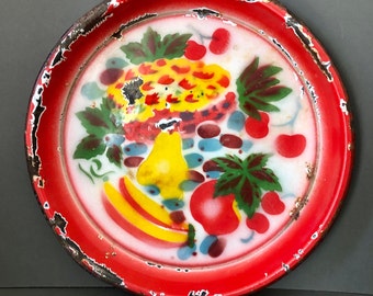 Bandeja para servir de loza esmaltada vintage, bandeja con patrón Art Deco de frutos rojos deslustrados. Shabby Chic