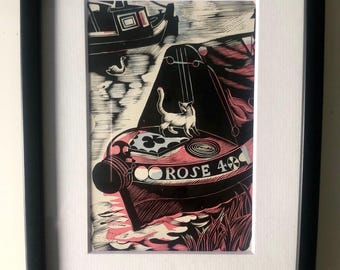 1950 John O’Connor Framed Wood Engraving & Linocut Print “The Butty” cat on Barge, from original block 8”x6”