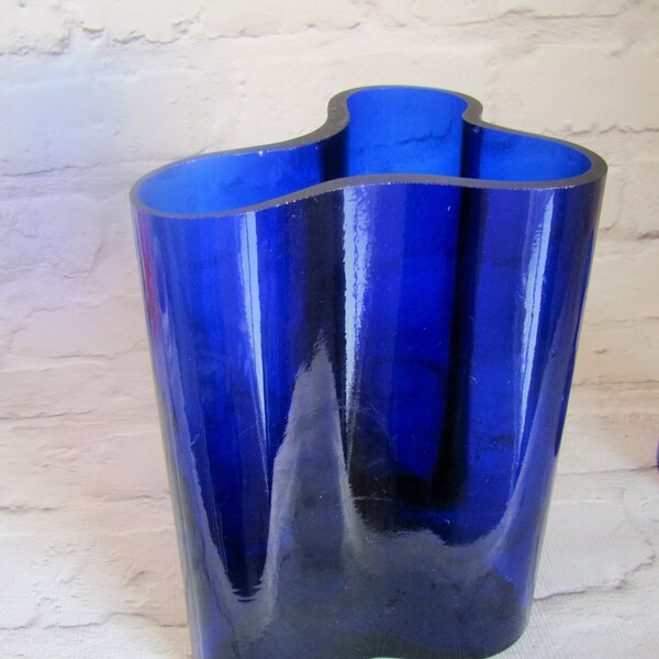 Vintage Blue Vase, Iittala Aalto Style Cobalt Blue Irregular Shaped Vase