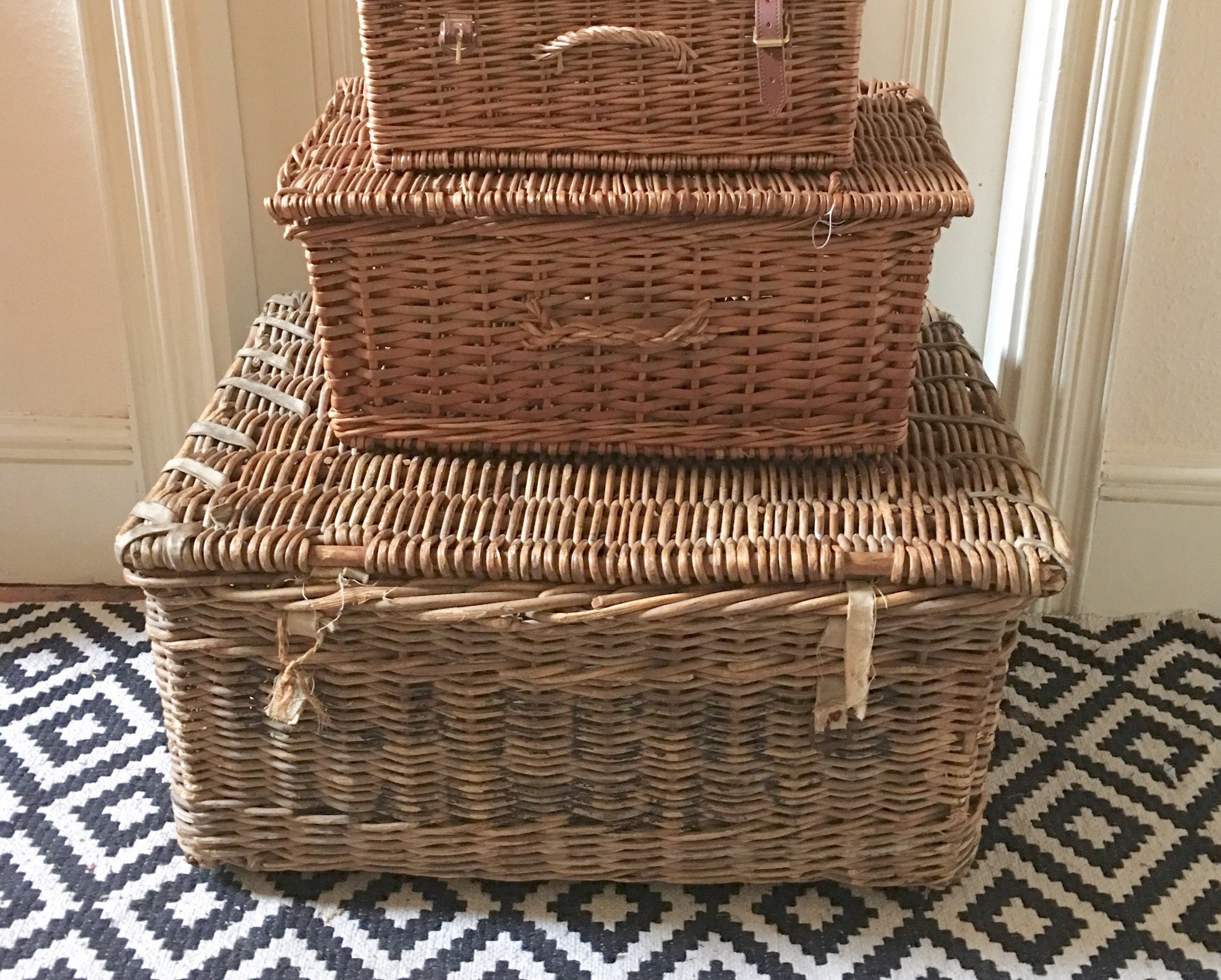 Antique Industrial Wicker Laundry Basket Vintage Hotel Etsy
