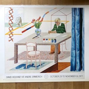 1987 David Hockney at Andre Emmerich poster print New York 1977. Vintage offset lithograph reproduction