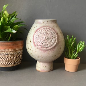 Mid Century Studio Pottery Vase, Organic Stone Ware Bulbous Vase Pot 11”