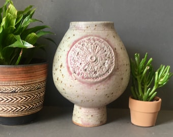 Mid Century Studio Pottery Vase, Organic Stone Ware Bulbous Vase Pot 11”