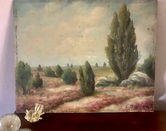 Original Oil Painting Heather & Trees Landscape  By C Mahlmann, Early 20th C Oil On Board, Heath Landscape