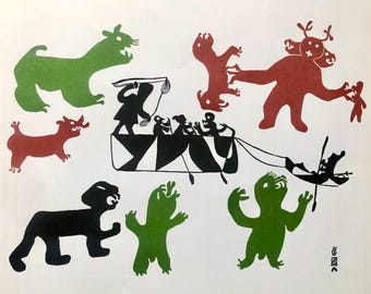 イヌイットアート　セイウチ？ イヌイットアート｜セイウチと男たち｜北極圏アートワールド｜石版画