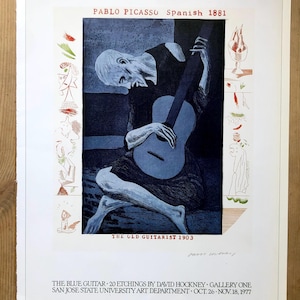 David Hockney-poster &#39;The Blue Guitar: 20 Etchings by David Hockney&#39; 1977. Vintage offsetlithografiereproductie 1987.