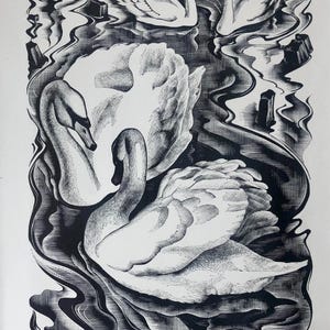 Art Deco AGNES MILLER PARKER -Swans, Wood Engraving 1937,  mounted, Printed by Camelot Press
