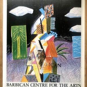 1987 David Hockney poster print for Barbican Arts exhibition 1982. Vintage offset lithograph reproduction.