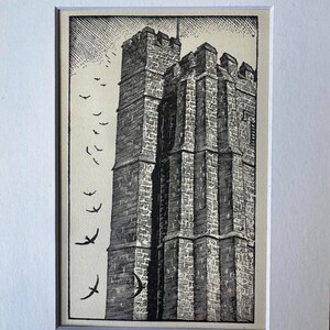 1933 Original C. F. Tunnicliffe Castle och flygande fåglar, monterat träsnitt, gravyr. 15x20 cm