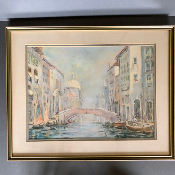 Vintage Venice Canal Scene Pastel Watercolour painting. Original Venetian Canal Framed Picture 1991, by B.A. Czech