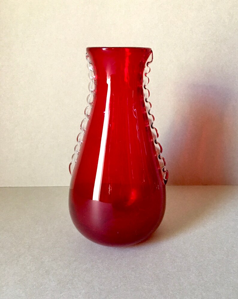 Mid Century Whitefriars Red Glass Vase with clear Flanges Etsy