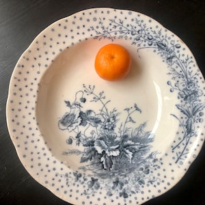 Peut inclure: Une assiette en céramique blanche avec un motif floral bleu et un petit fruit orange. L'assiette a un bord festonné et un motif de petits points et croix bleus autour du bord. Le motif floral présente de grandes fleurs et du feuillage.