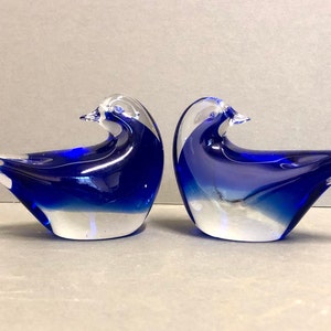 Pair Glass Dove Birds Ornaments, Two Vintage Cobalt Blue Cased Art Glass Love Birds