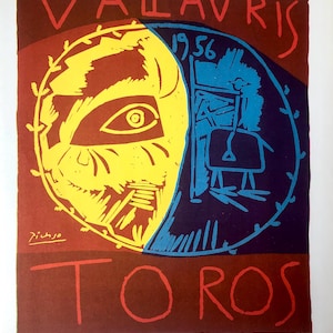 1957 PABLO PICASSO Lithograph Poster for Vallauris Toros Exhibition 1956, Size 14x10in