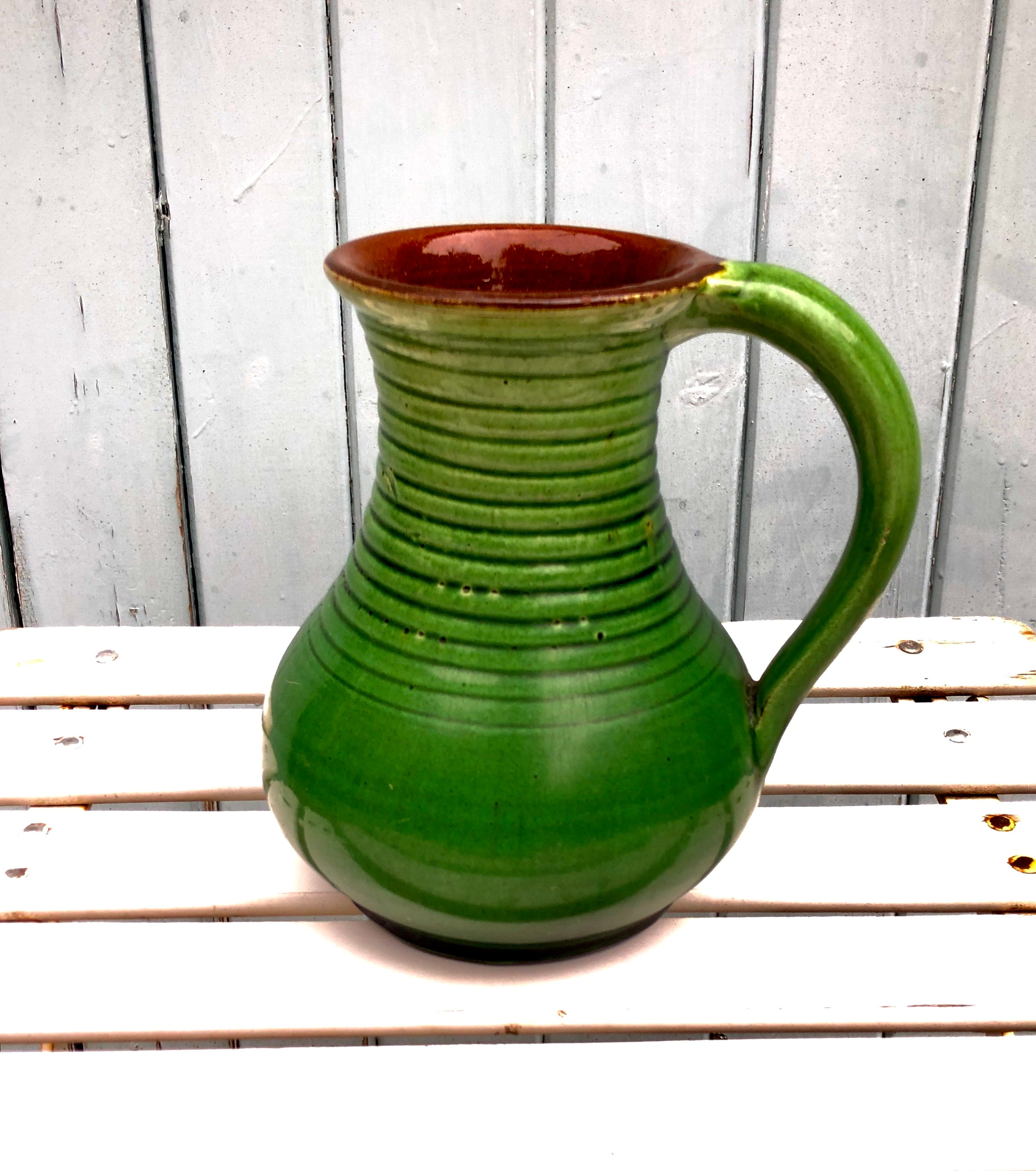 Antique Green Glazed Jug Vase Rustic Green Ribbed Red Ware Etsy