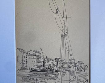 Dibujo original de Raoul Dufy de 1925. Grabado de barcos en la Riviera francesa meridional. Grabado antiguo montado.