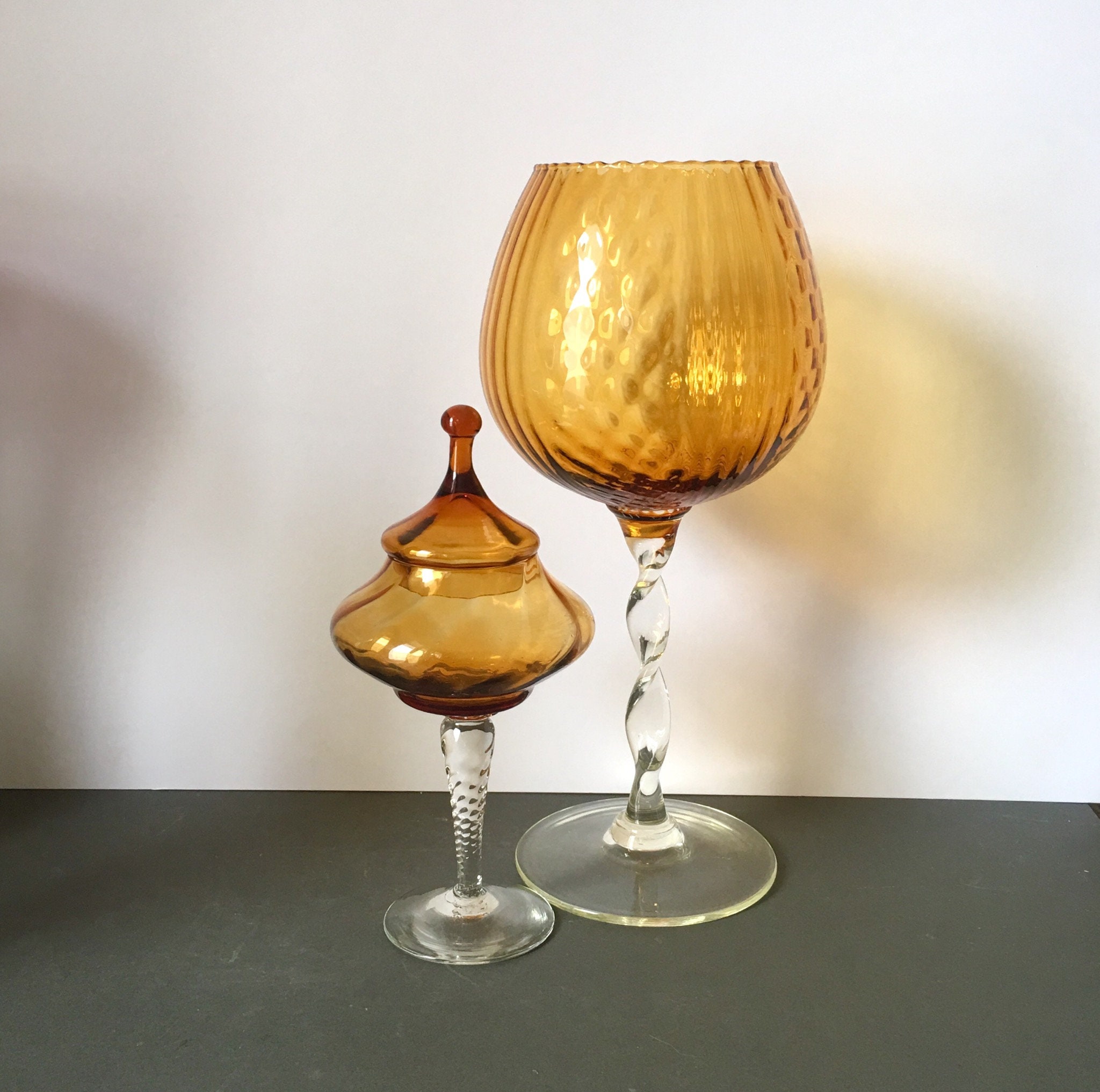 Empoli Compote Dish Covered Pedestal by Empoli Glass Italy Amber and Clear Glass Empoli Compote Dish Covered Pedestal by Empoli Glass Italy Amber and Clear Glass