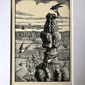 Träsnitt av Tunnicliffe från 1933 – Tryck av flygande svalor, konst med vilda djur