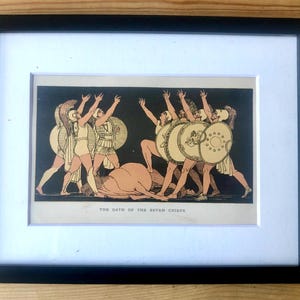 Stampa incorniciata sulla mitologia greca del 1880 "Il giuramento dei sette capi", illustrazione originale di Flaxman, arte greca classica.