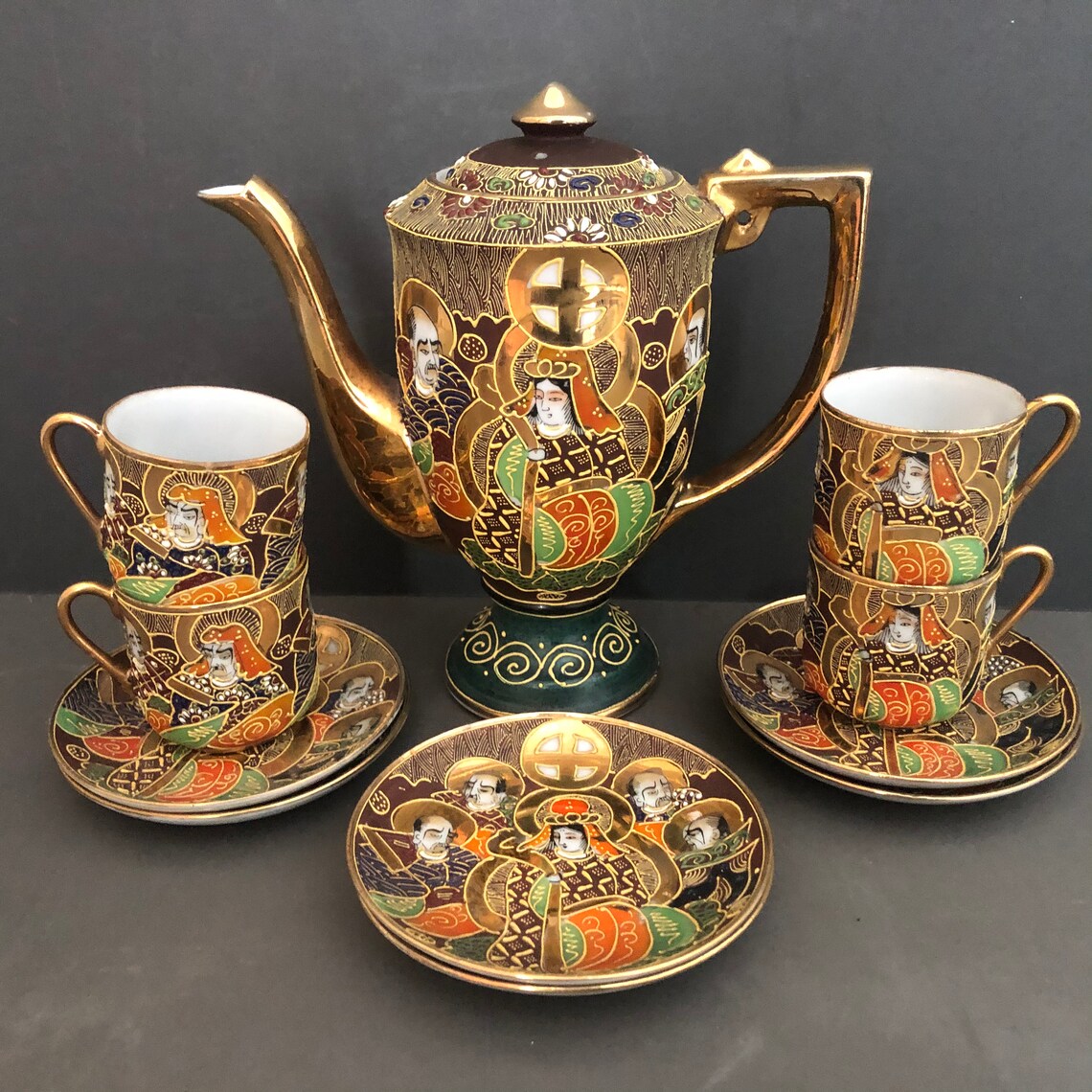 Japanese Satsuma Moriage Gold Coffee Set Art Deco Immortals Etsy