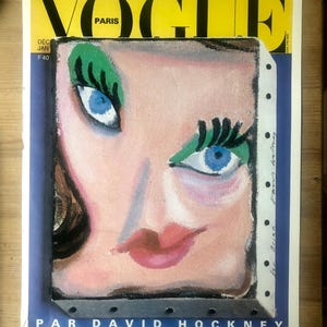 1987 David Hockney poster print Vogue Paris 1985. Vintage offset lithograph reproduction.