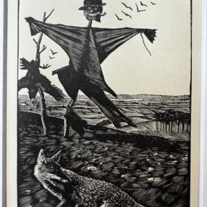 1933 C. F. Tunnicliffe Träsnitt av hjort – Räv och fågelskrämma, konst av vilda djur, monterad 20x15 cm