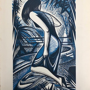 May include: A blue and white woodcut print depicting a woman kneeling near a body of water. The woman is wearing a dark dress and has long dark hair. Palm trees and other foliage surround her, creating a tropical scene.