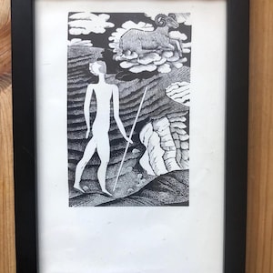1946 Eric Ravilious Wood Engraving of April from 1929 Almanac Vintage Framed Print.
