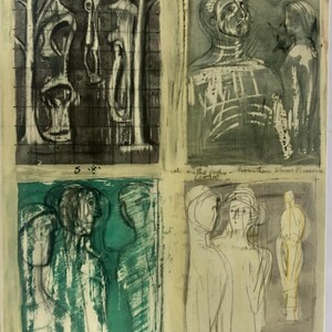 1952 Stampa incorniciata di Henry Moore di schizzi per "Statues Dans Le Bois", litografia per Prométheé 12"x10"