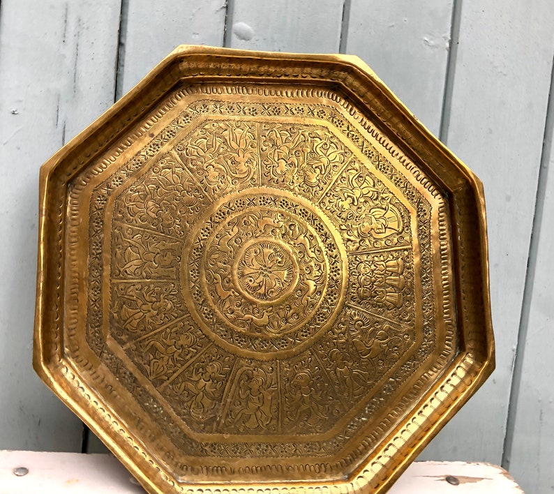 Antique Indian Hexagonal Brass Tray Etched Tray Decorated Etsy