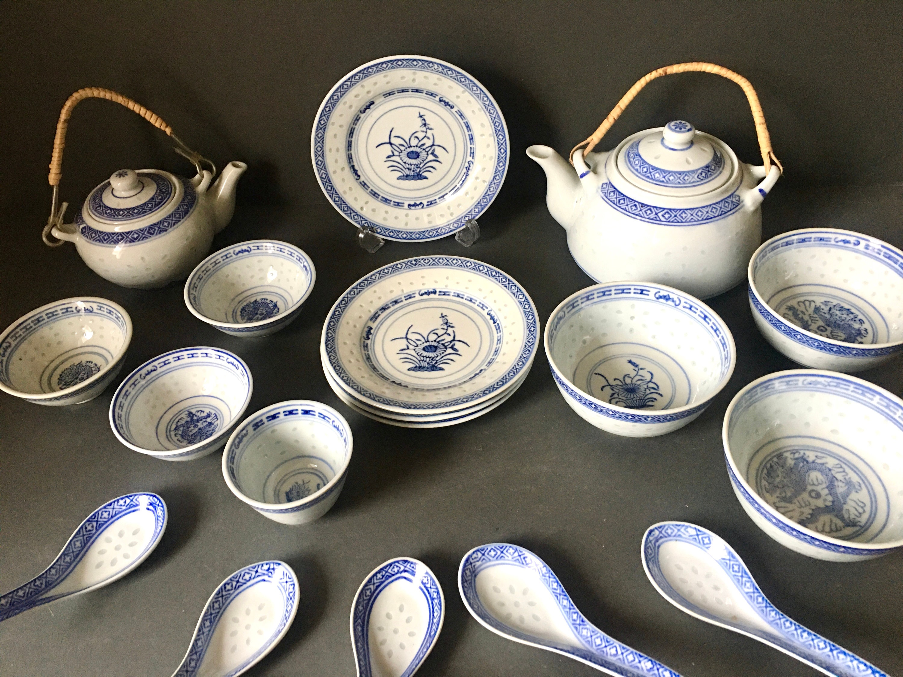 Vintage Chinese Rice Pattern Set Blue and White Chinese Etsy