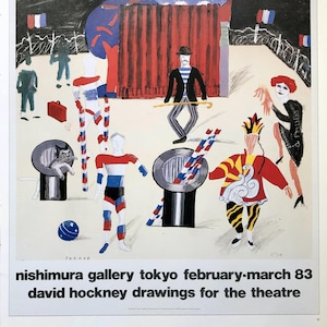David Hockney-poster Nishimura Gallery Tokyo Drawings for the Theatre 1983, vintage offsetlithografiereproductie 1987.