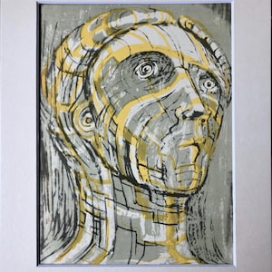 1952  Henry Moore lithograph print of 1950 - &quot;Tête de Prométhée&quot; Mounted.  Original 10”x8”