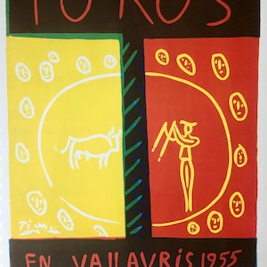1957 PABLO PICASSO Lithograph Poster for Toros En Vallauris Exhibition 1955, Size 14x10in