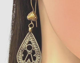 Afghan Teardrop Filigree Earrings – Handcrafted Vintage Brass Tribal Dangles