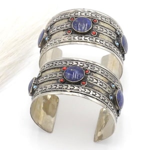 Bohemian Afghan Kuchi Adjustable Cuff Bracelet Set - Statement Aqeeq Jewelry for Tribal and Belly Dance