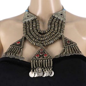 Vintage Afghan Tribal Multilayer Beaded Necklace with 3 Pendants - Kuchi Coin Statement Jewelry