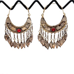 Vintage Afghan Kuchi Hoop Earrings: Red Glass Stone, Tribal Jewelry