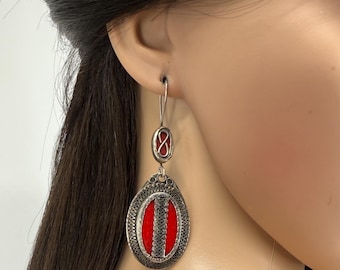 Vintage Afghani Tribal Earrings - Green Stone Statement Piece - Ethnic Middle Eastern Boho Jewelry