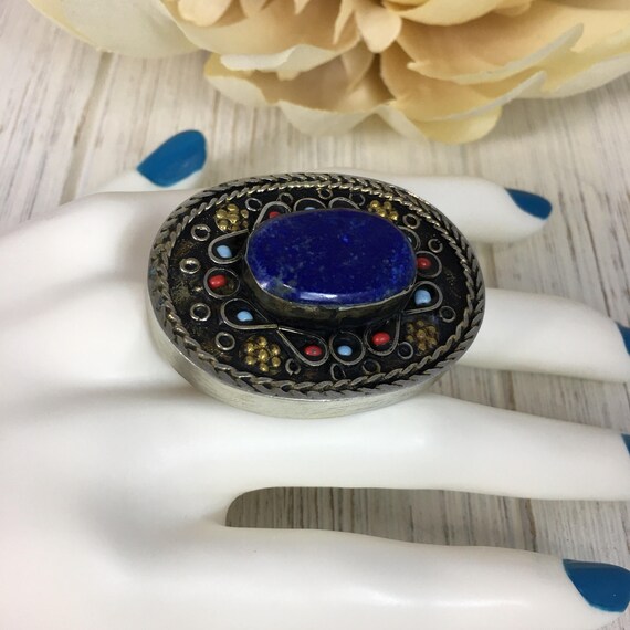 Vintage Afghan Lapis Lazuli Statement Ring - Adju… - image 3