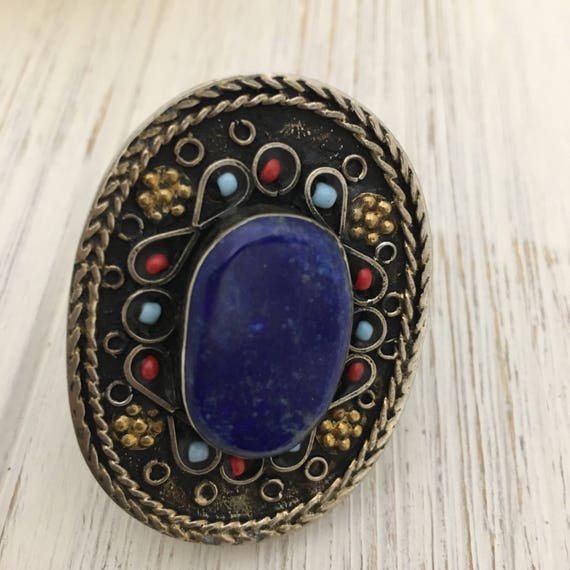 Vintage Afghan Lapis Lazuli Statement Ring - Adju… - image 1
