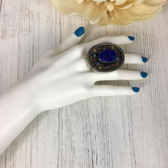 Vintage Afghan Lapis Lazuli Statement Ring - Adju… - image 2
