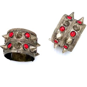 Vintage Afghan Tribal Spiked Cuff Bracelets - Handmade Statement Jewelry with Red Stones (Set of 2)